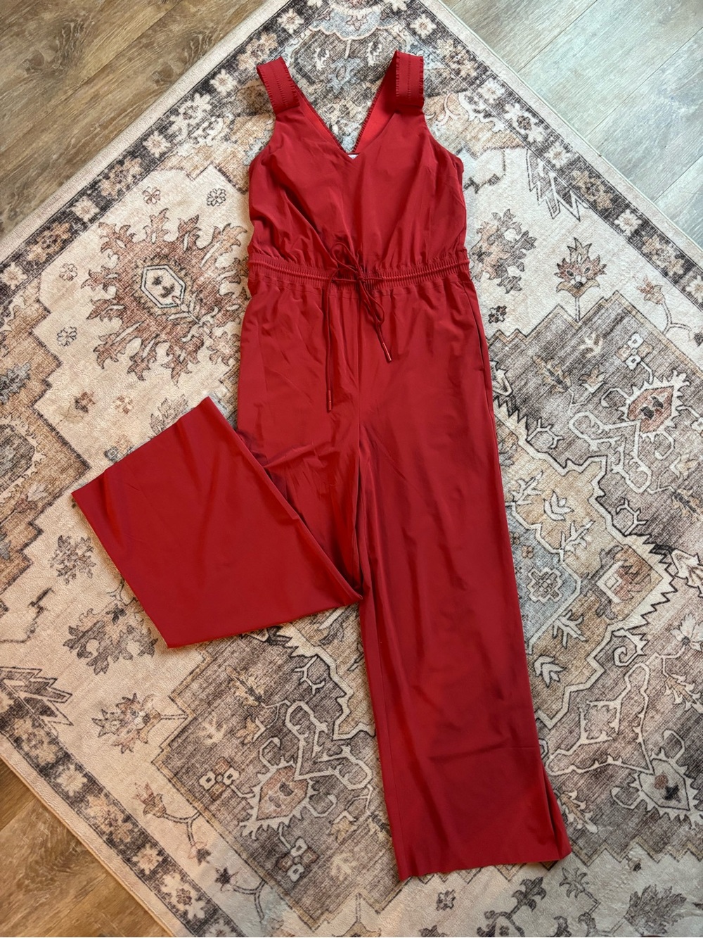 Athleta Sleeveless Red orange V-Neck Jumpsuit with Waist Tie